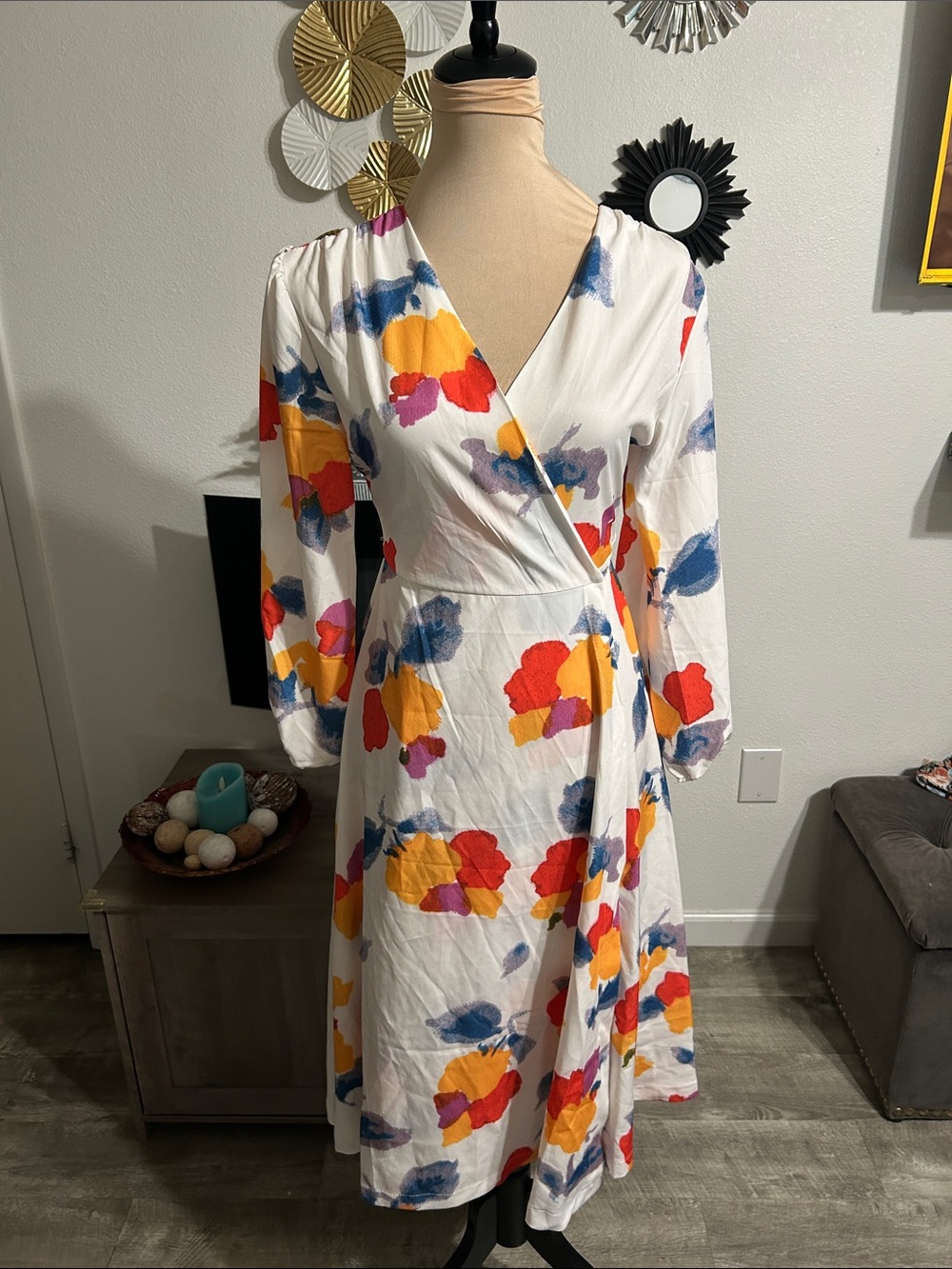 Women’s White Floral Wrap Dress with Multicolor Prints